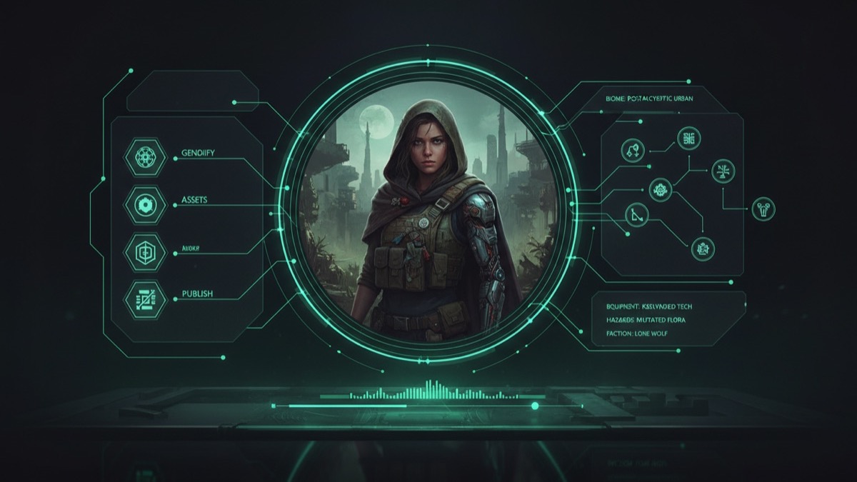 Illustration of a prompt studio interface generating a survival game character portrait