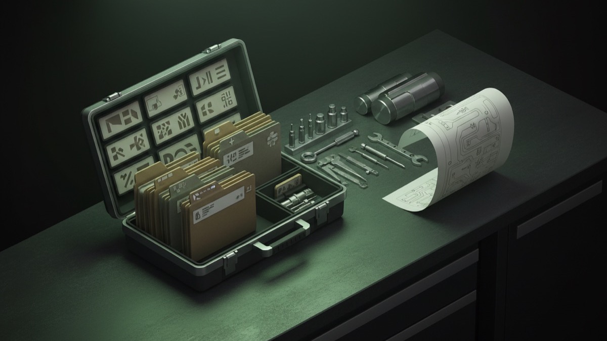 Illustration of a tidy toolbox with labelled compartments representing a mod loader folder structure