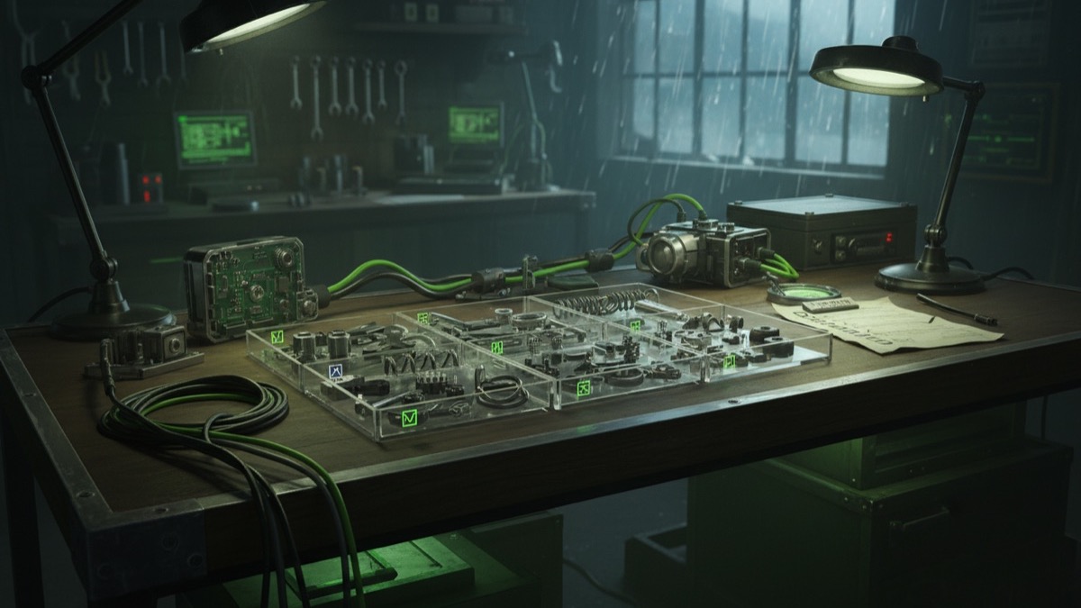 Illustration of a workbench with modular equipment, labeled parts and a mod loader checklist