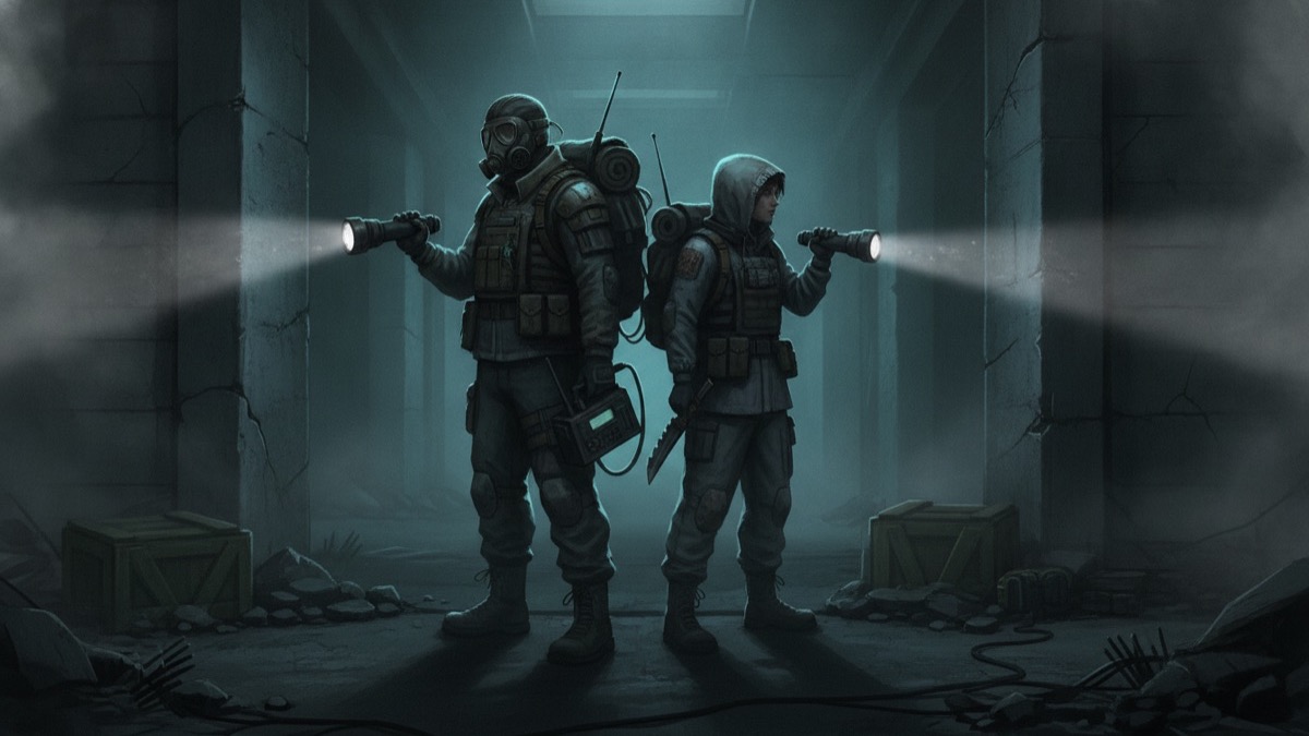 Illustration of two survivors coordinating in a dark corridor with flashlights and radios