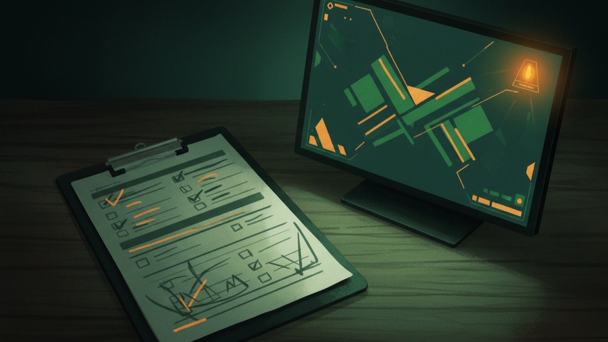 Illustration of a diagnostic checklist beside a game launcher with a warning light