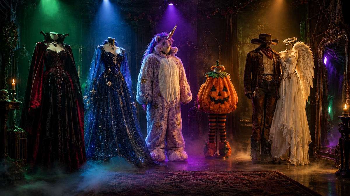Dark Halloween fitting room with mannequins in original costumes and colored practical lights