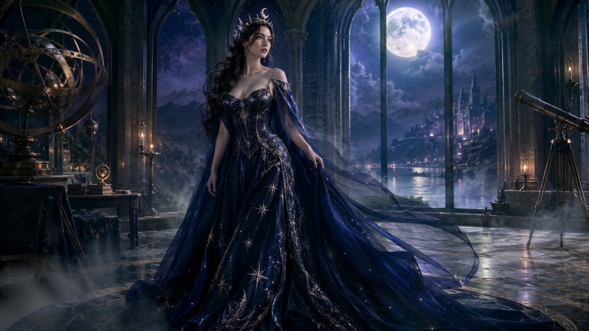 Adult model in a midnight-blue gown with glowing silver star embroidery inside a moonlit observatory
