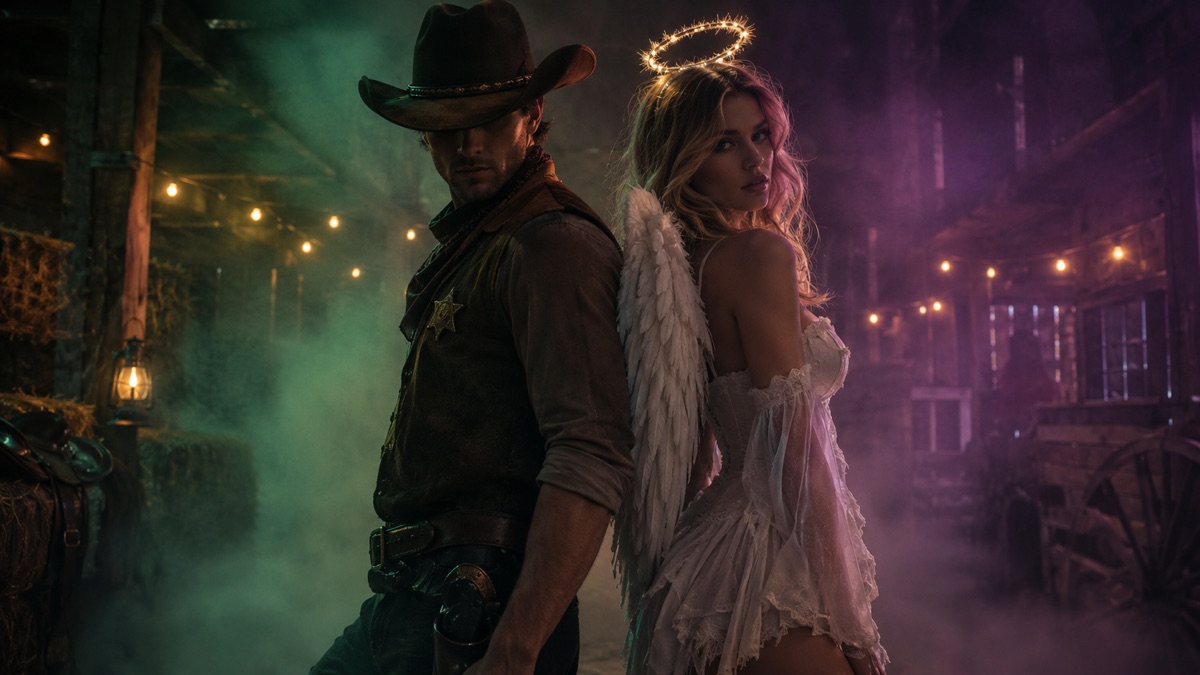 Two adults in original cowboy and angel costumes standing back to back in a foggy barn