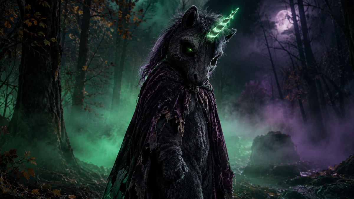 Person in an original haunted unicorn mascot costume with a glowing horn in a foggy autumn forest