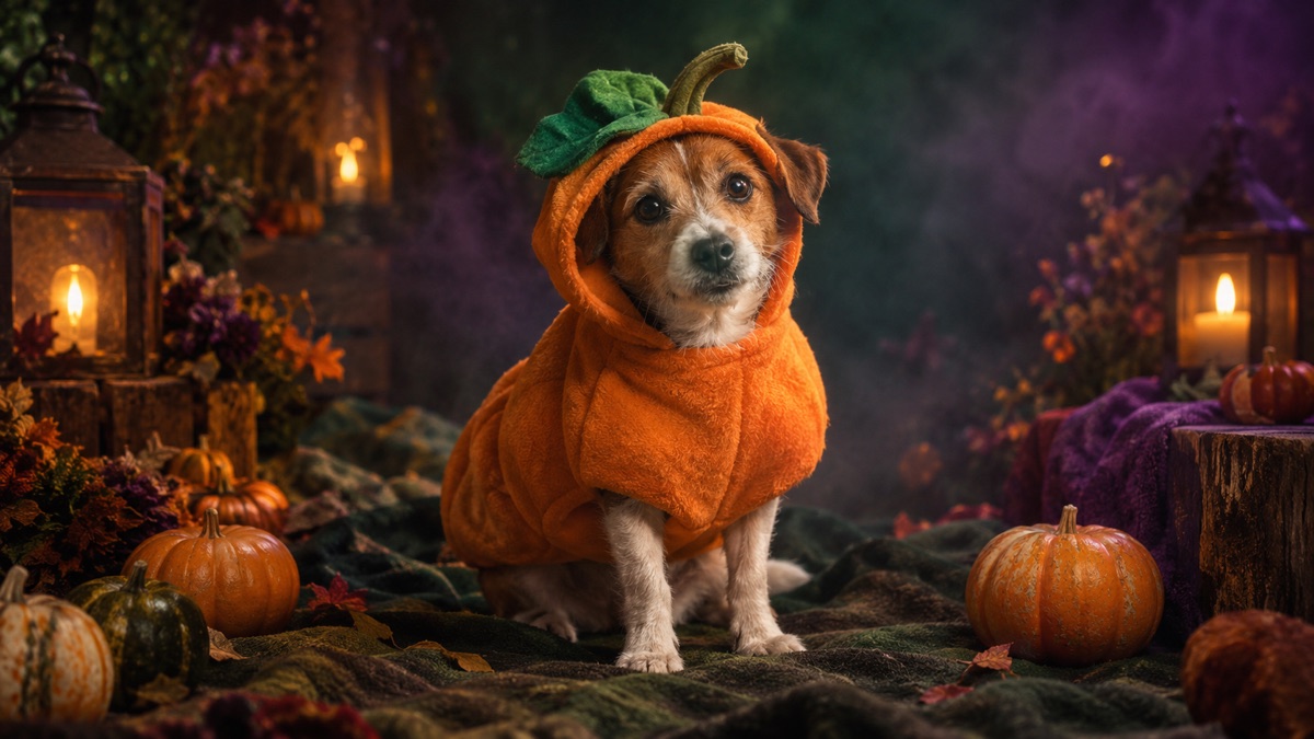 Small dog in a soft pumpkin costume seated in a warm autumn photography studio